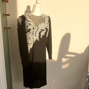 Vintage 80s Black and White Shimmery Sequin Formal Long Sleeve Midi Dress As Is